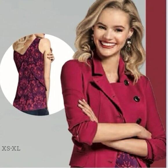 Cabi 3258 Purple Plum Maroon Red Sakura Cameo Print Layered Tank Feminine Large - Picture 14 of 14